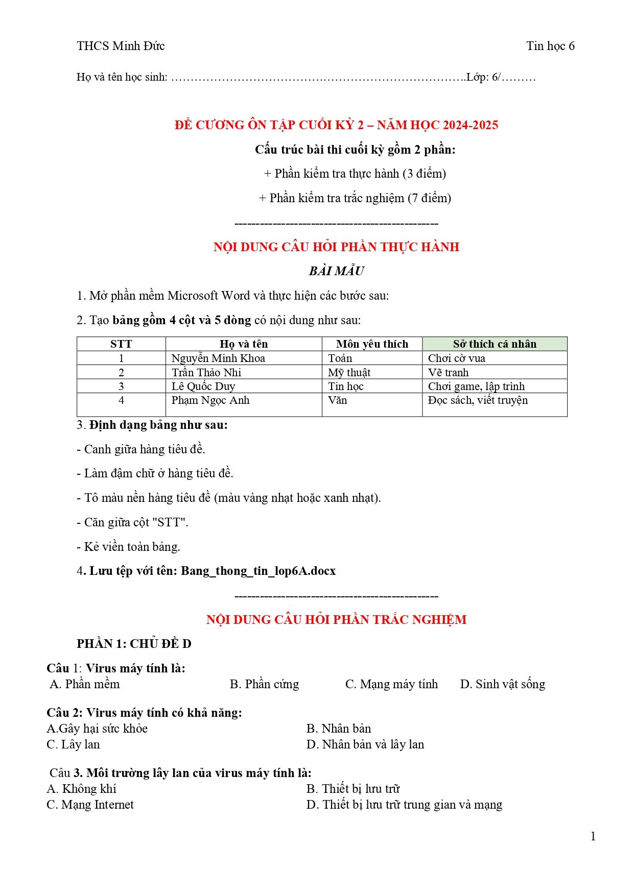 Đề cương ôn tập Học kì 2 Tin học 6 năm 2024–2025 trường THCS Minh Đức (TP Hồ Chí Minh)