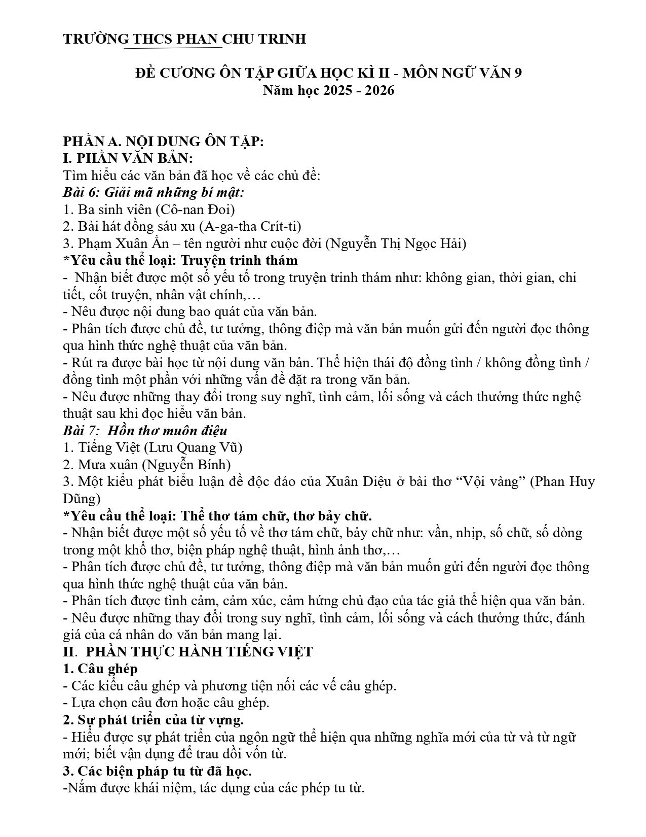 Đề cương ôn tập Giữa kì 2 Ngữ văn 9 năm 2025–2026 trường THCS Phan Chu Trinh (Lâm Đồng)