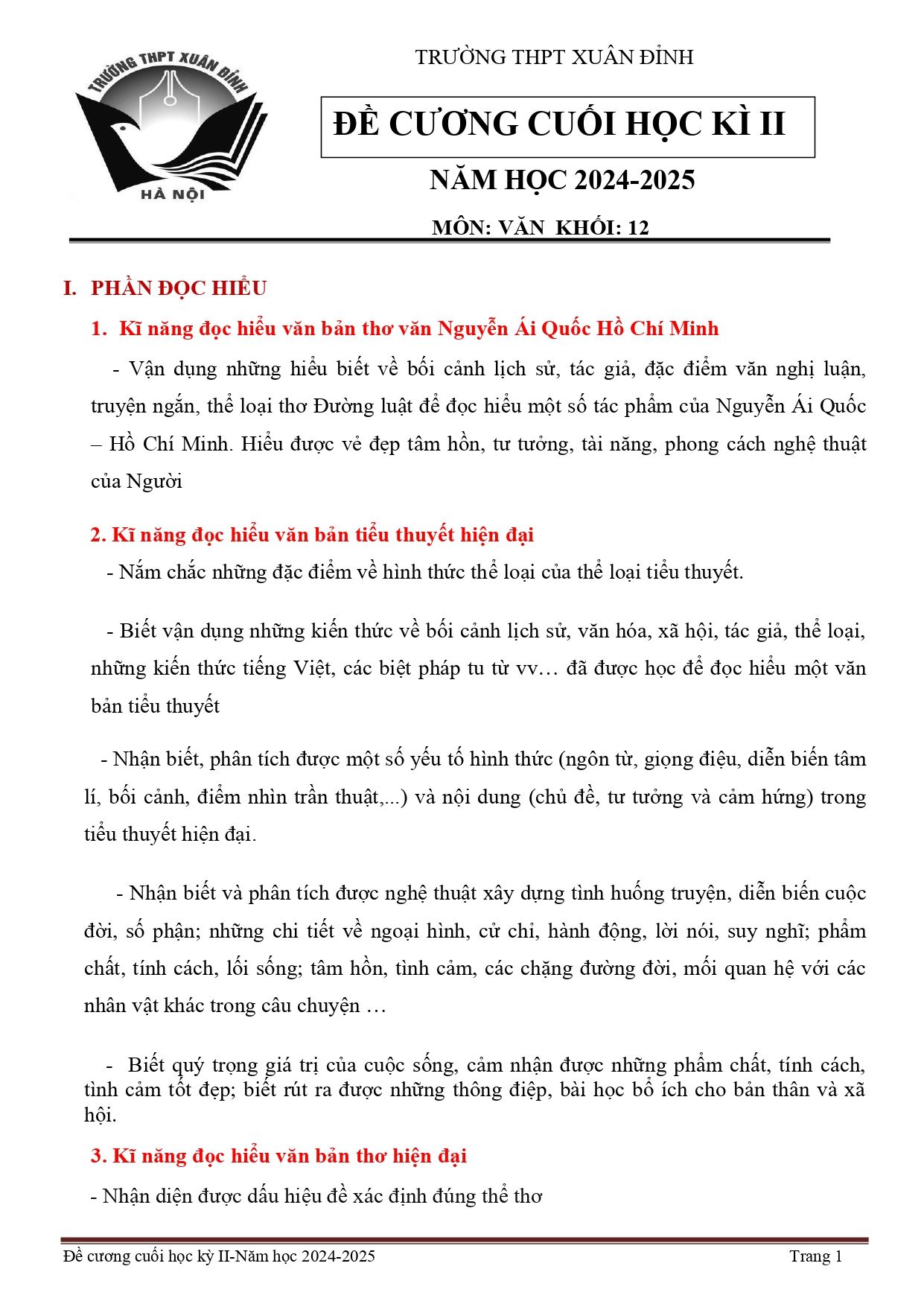 Đề cương ôn tập Học kì 2 Ngữ văn 12 năm 2024–2025 trường THPT Xuân Đỉnh (Hà Nội)